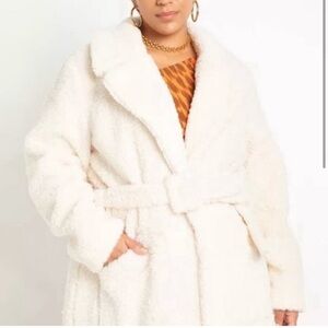 White Teddy Sherpa Belted Maxi Coat | Eloquii | Size 18/20